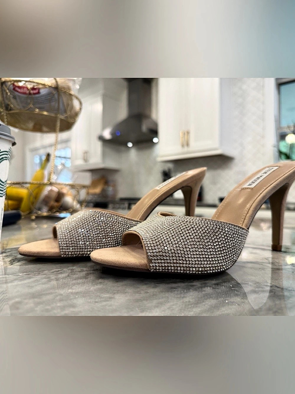 Steve Madden ERIN-R Rhinestone Nude Stiletto Mule Heels Sparkle 8.5